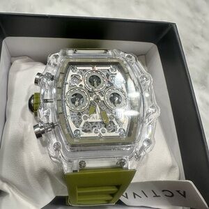 Transparent Chronograph Watch with Green Strap